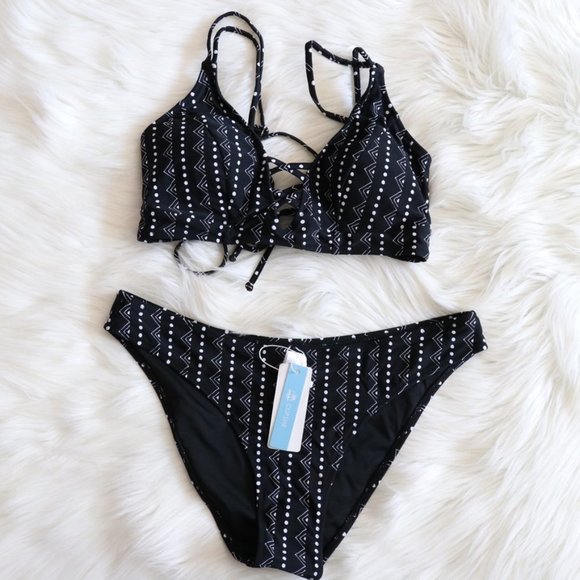 NWT Black White Bohemian Tribal Print Bikini Swim Set Size Medium - Picture 3 of 8